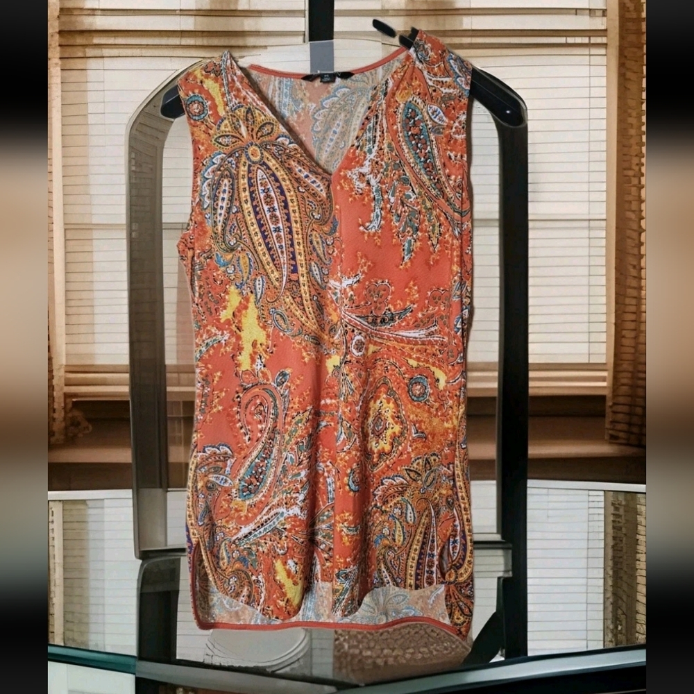 LAUREN RALPH Lauren Sleeveless Orange Paisley Print Tunic stretch Top Size S/M